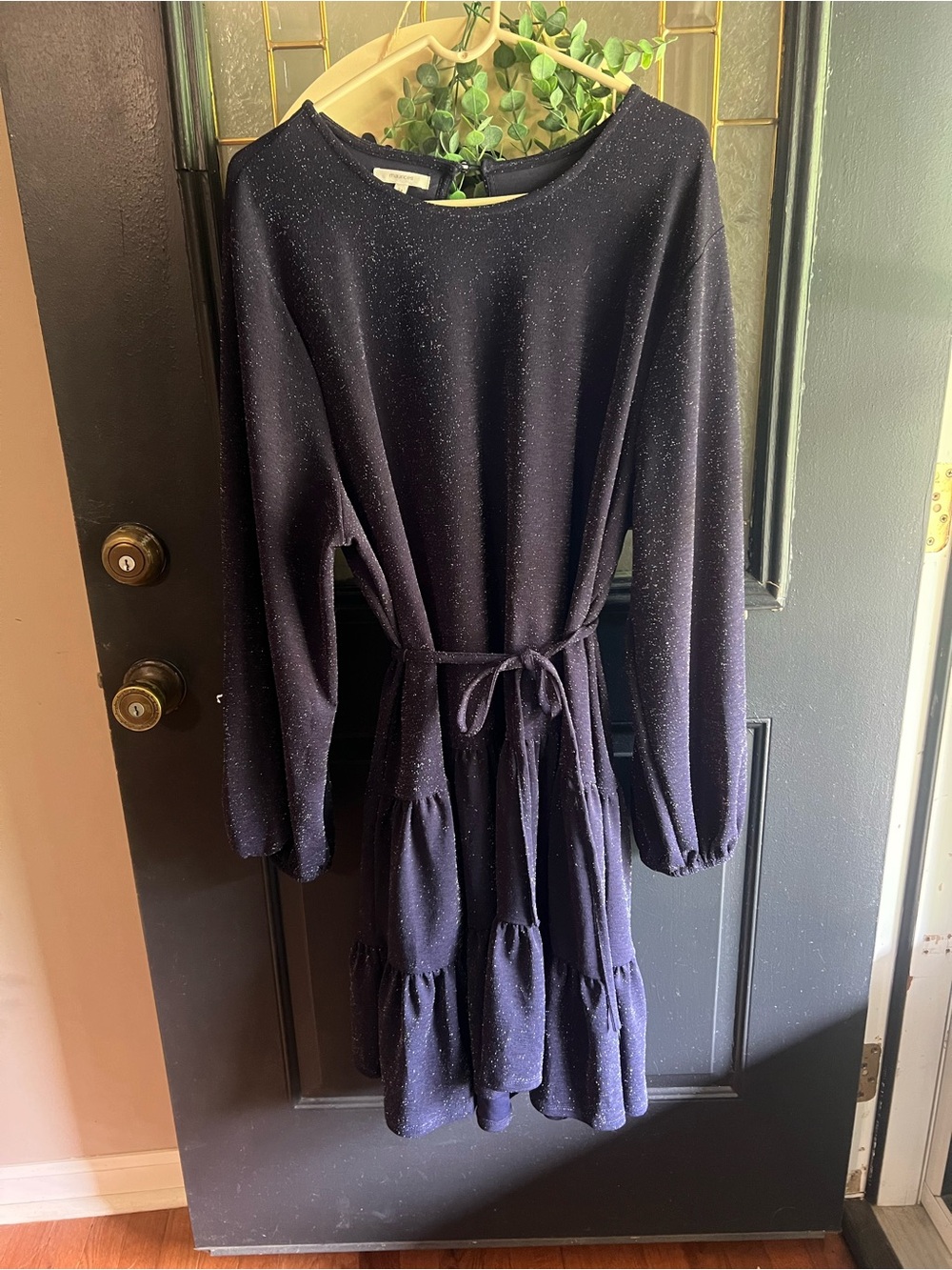 Maurices navy blue long-sleeve tiered dress with waist tie